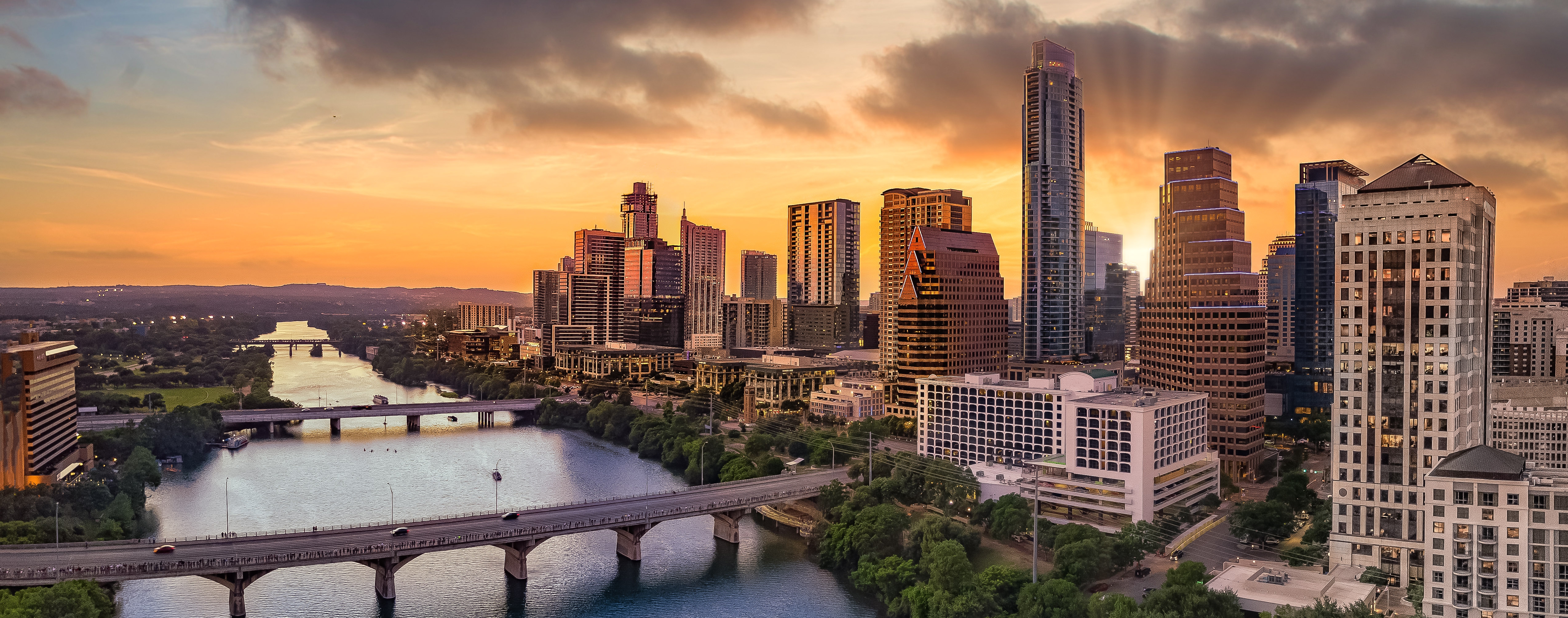 Austin Texas landscape with sunset and clouds