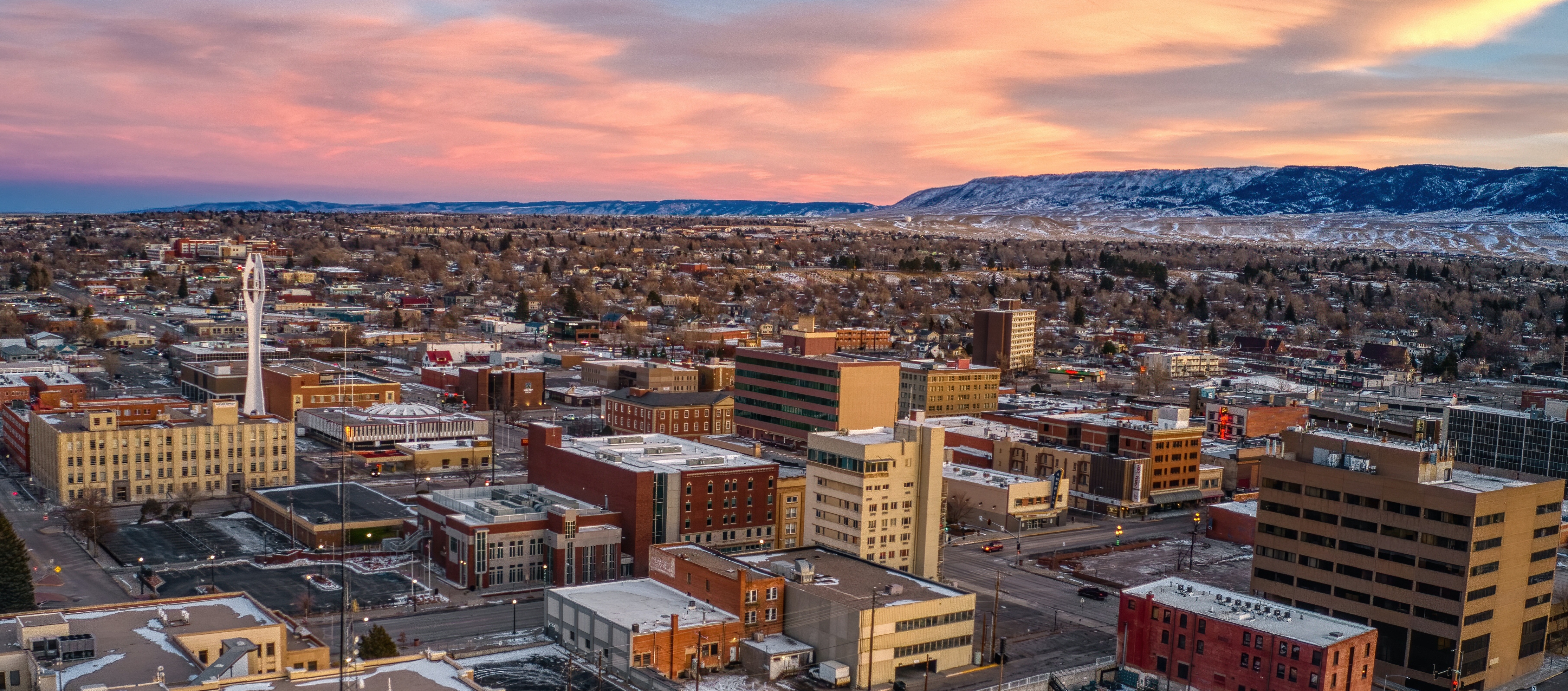 Aerial View of Downtown Casper, Wyoming at Dusk on Christmas Day; Shutterstock ID 1887220615; purchase_order: Marketing; job: ; client: ; other: 